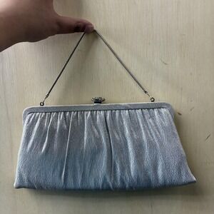 HL Clutch Bag Womens Small Silver Satin Pleated Kiss Lock Chain Strap Formal